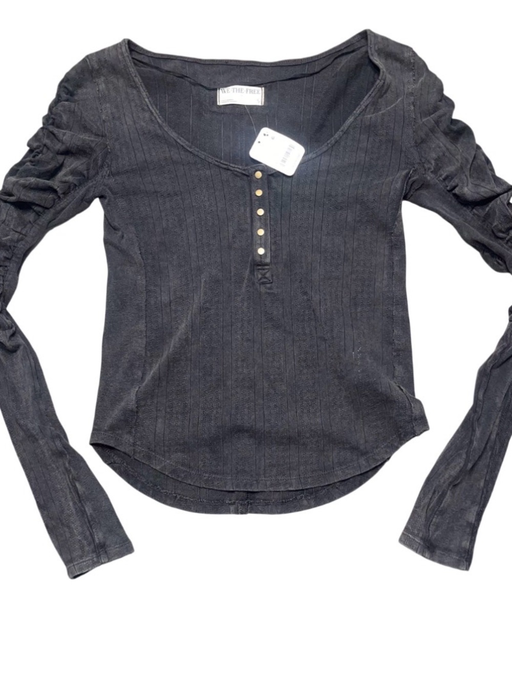 We The Free People Grey Long Sleeve Shirt Small NWT Scrunch Wide Neck Snaps